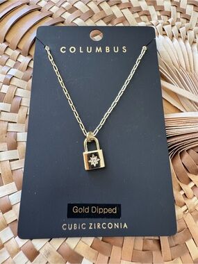 Columbus Gold Padlock Necklace with Cubic Zirconia Accent
